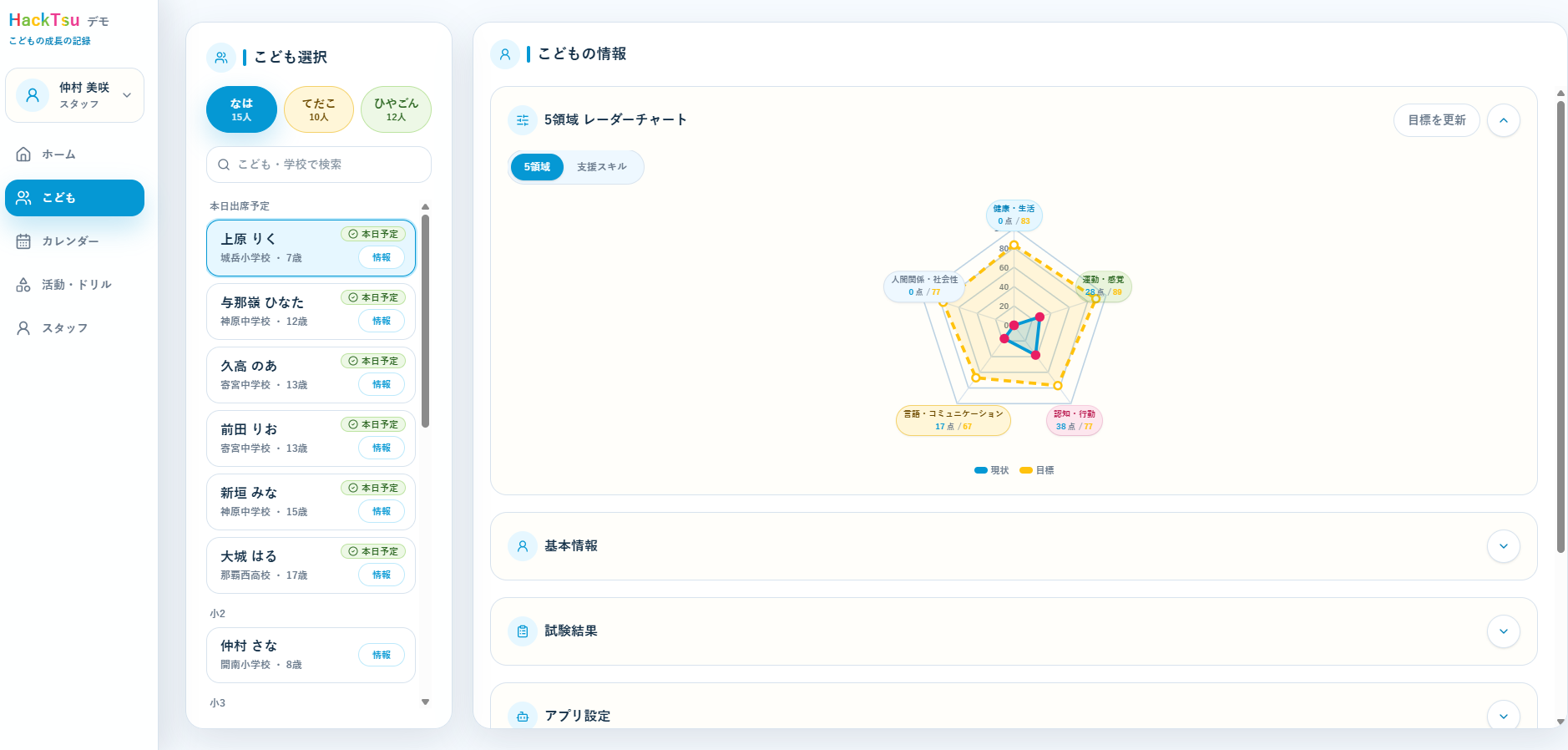 支援施設向け記録共有アプリHackTsuの子ども情報画面